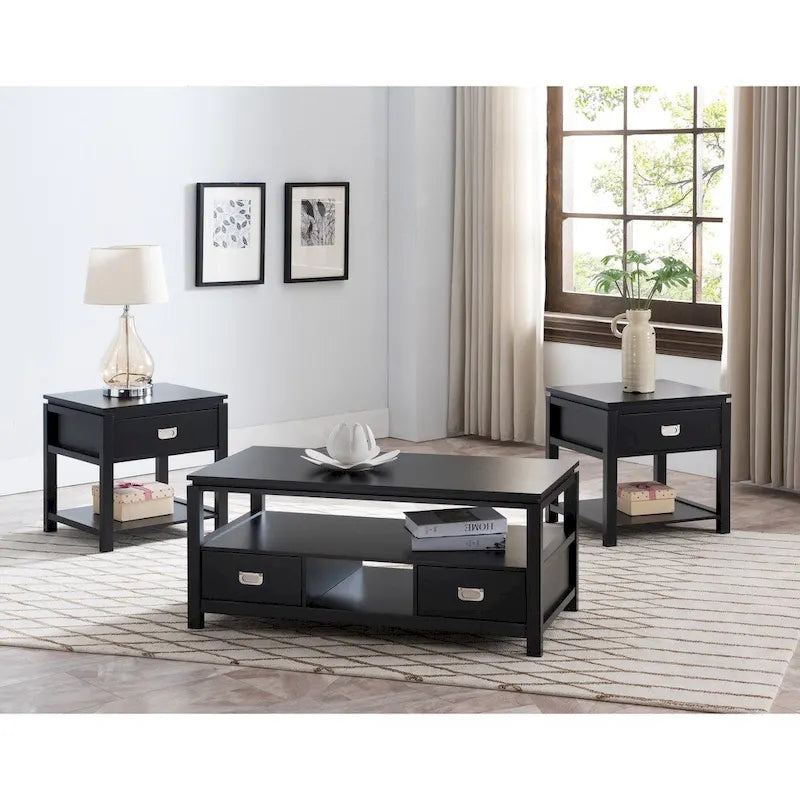 Black Finish Wood 3 Pack Coffee Table Set