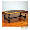 Handmade Andean Birds Hand Tooled Leather Brown Mohena Wood Coffee Table (Peru) - 18 H x 47 W x 19.75 D