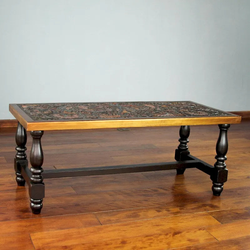 Handgefertigter Couchtisch aus Anden-Vögel-Leder und Mohena-Holz (Peru) – 45,7 H x 119,4 B x 50,2 T cm