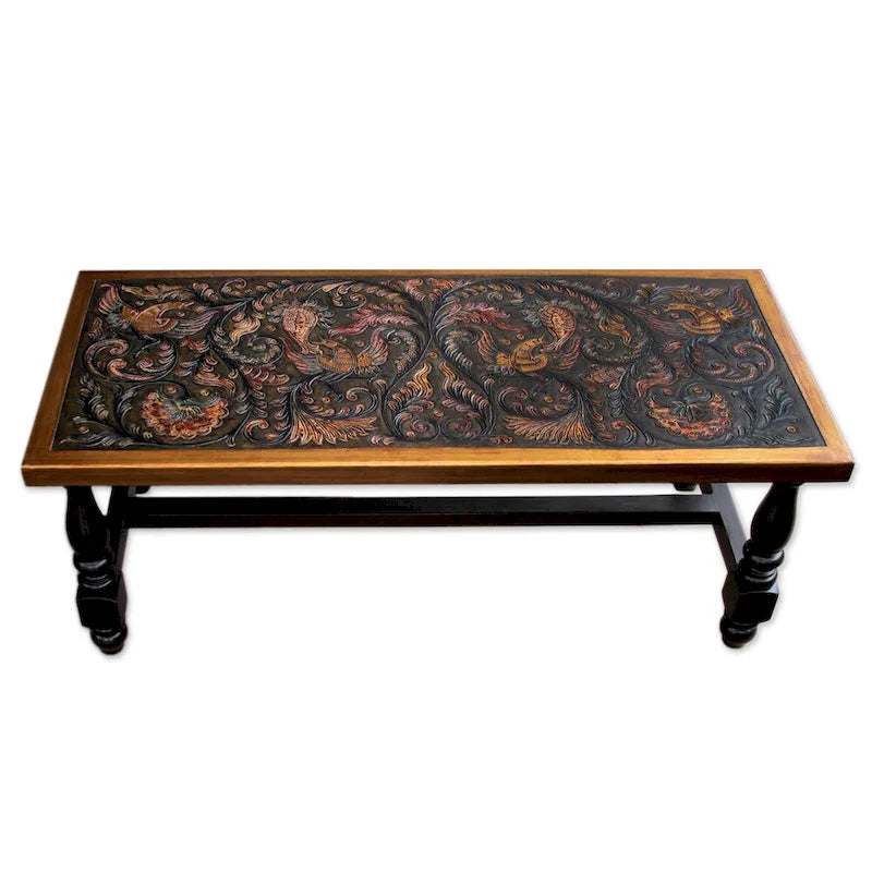 Handgefertigter Couchtisch aus Anden-Vögel-Leder und Mohena-Holz (Peru) – 45,7 H x 119,4 B x 50,2 T cm