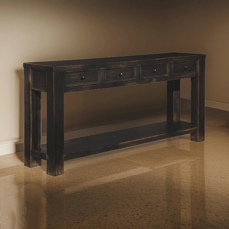 Hölzerner Sofatisch mit vier Schubladen und einem Ablagefach, Weathered Black
