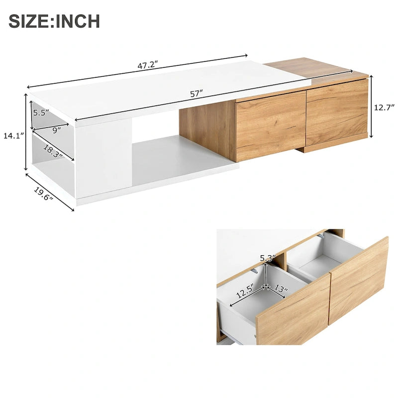 Ausziehbarer Couchtisch mit 2 Schubladen