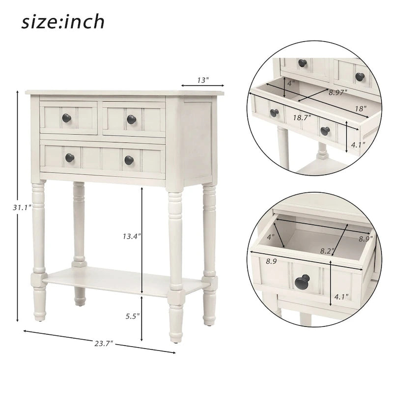 Massiver Holz-Sofa-Tisch im Used-Look mit drei Schubladen und unterem Regal