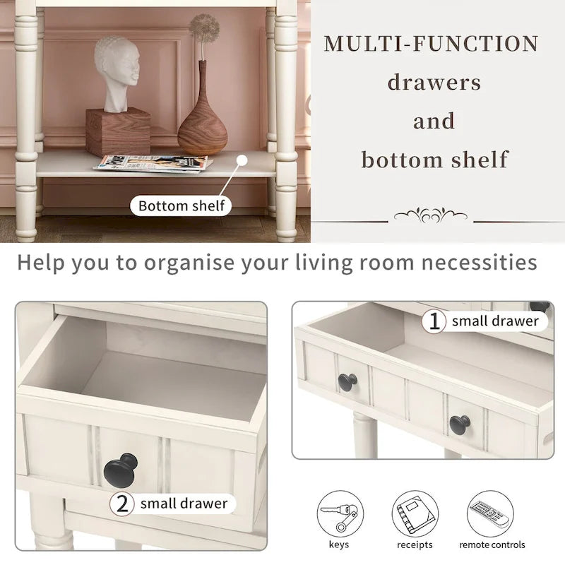 Massiver Holz-Sofa-Tisch im Used-Look mit drei Schubladen und unterem Regal