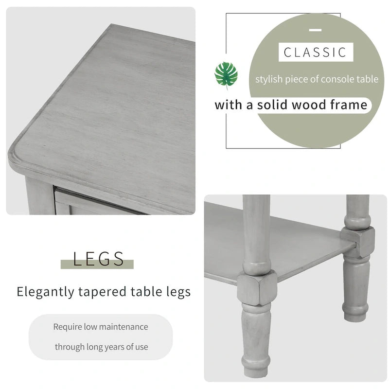Massiver Holz-Sofa-Tisch im Used-Look mit drei Schubladen und unterem Regal