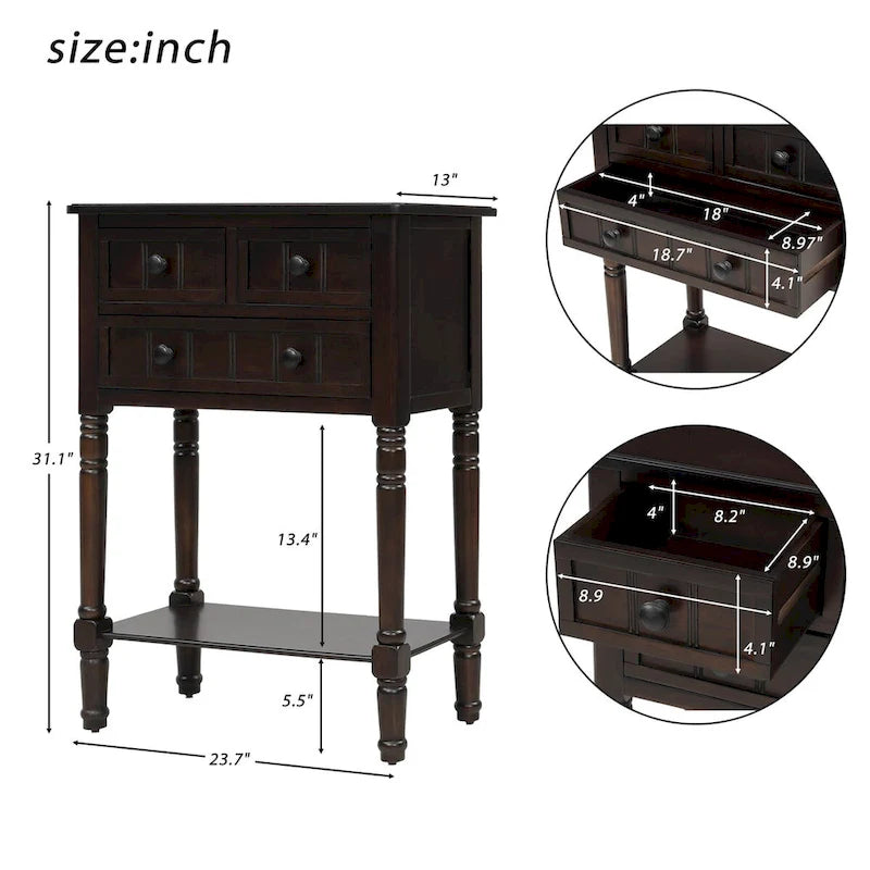 Massiver Holz-Sofa-Tisch im Used-Look mit drei Schubladen und unterem Regal
