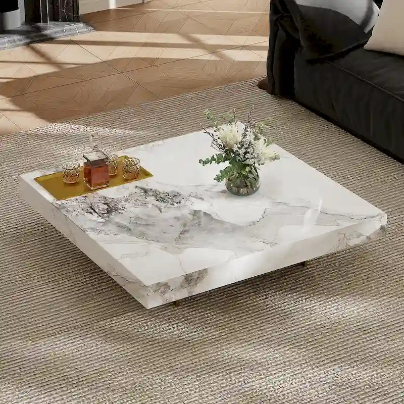 Modern 42 Faux Marble Square Coffee TableGlossy Sintered Stone Tabletop