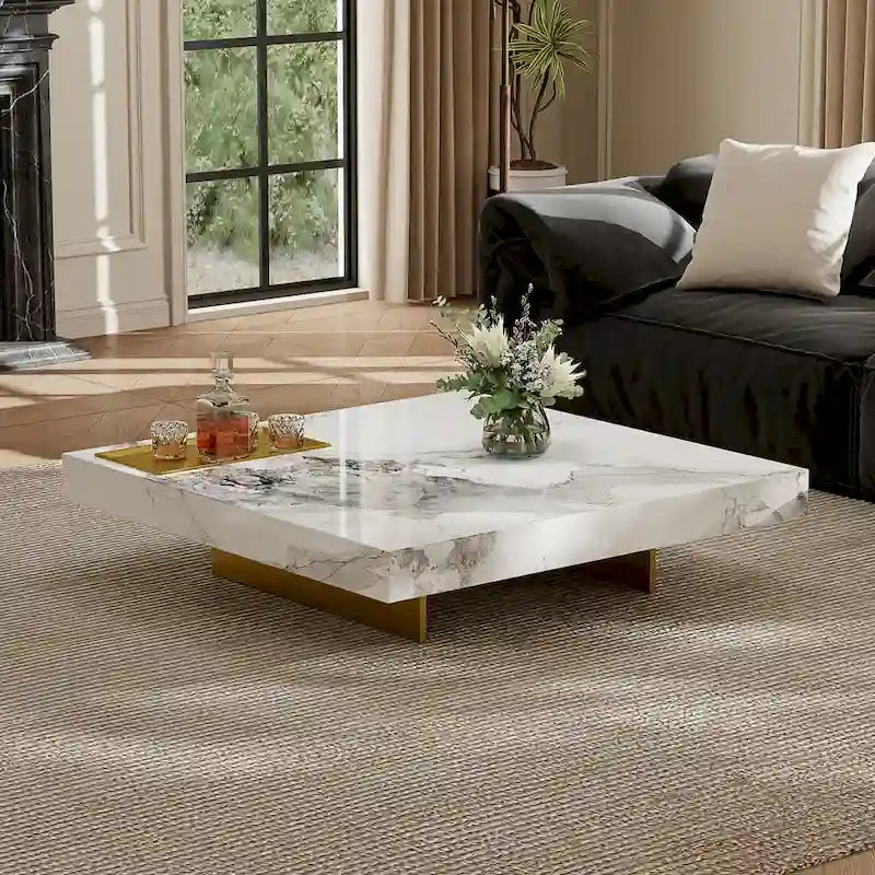 Moderner quadratischer Couchtisch 42 aus KunstmarmorHochglanz-Tischplatte aus gesintertem Stein