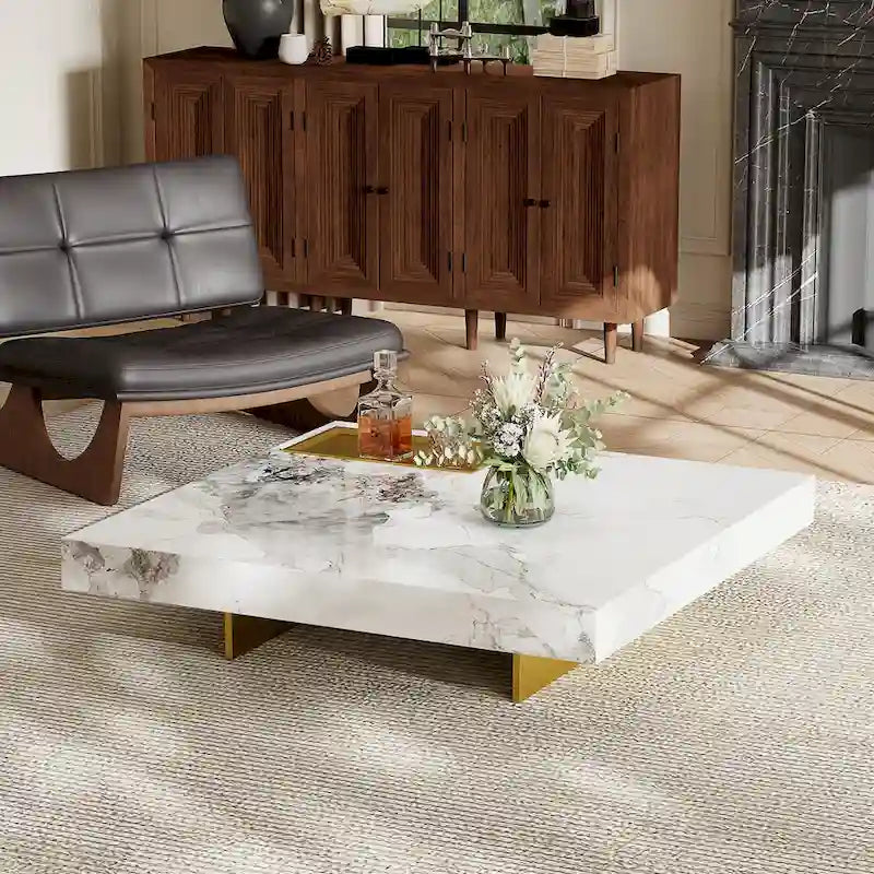 Moderner quadratischer Couchtisch 42 aus KunstmarmorHochglanz-Tischplatte aus gesintertem Stein