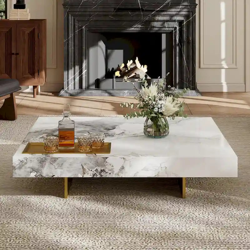 Moderner quadratischer Couchtisch 42 aus KunstmarmorHochglanz-Tischplatte aus gesintertem Stein