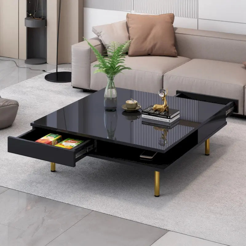Exquisiter Hochglanz-Couchtisch mit 4 goldenen Beinen und 2 kleinen Schubladen, 2-stöckiger quadratischer Beistelltisch für das Wohnzimmer