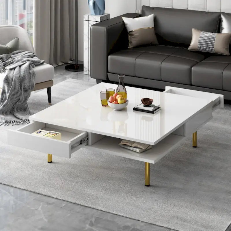 Exquisiter Hochglanz-Couchtisch mit 4 goldenen Beinen und 2 kleinen Schubladen, 2-stöckiger quadratischer Beistelltisch für das Wohnzimmer