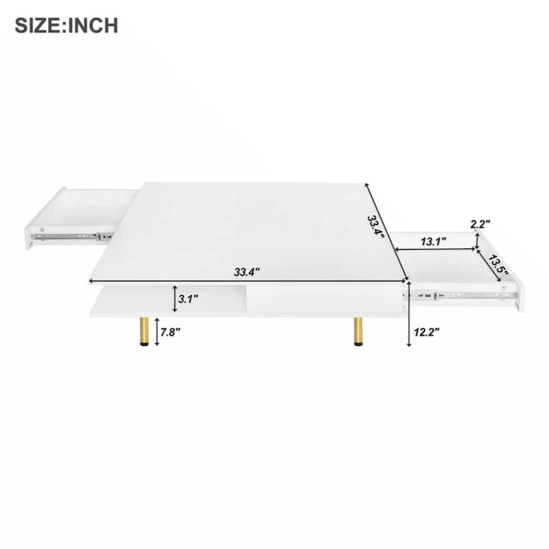 Exquisiter Hochglanz-Couchtisch mit 4 goldenen Beinen und 2 kleinen Schubladen, 2-stöckiger quadratischer Beistelltisch für das Wohnzimmer