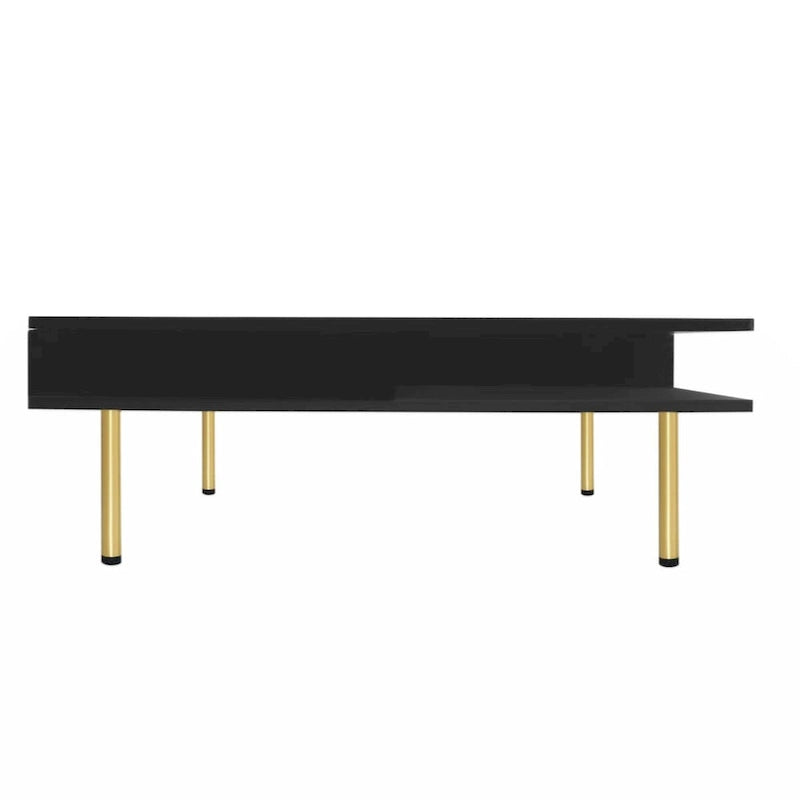 Exquisiter Hochglanz-Couchtisch mit 4 goldenen Beinen und 2 kleinen Schubladen, 2-stöckiger quadratischer Beistelltisch für das Wohnzimmer