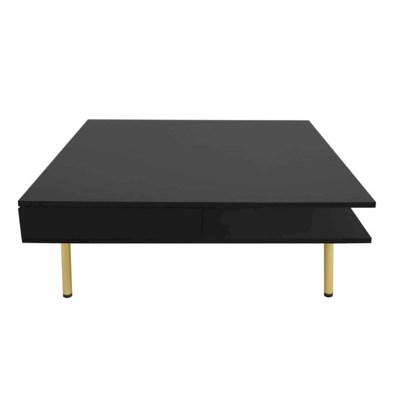Exquisiter Hochglanz-Couchtisch mit 4 goldenen Beinen und 2 kleinen Schubladen, 2-stöckiger quadratischer Beistelltisch für das Wohnzimmer