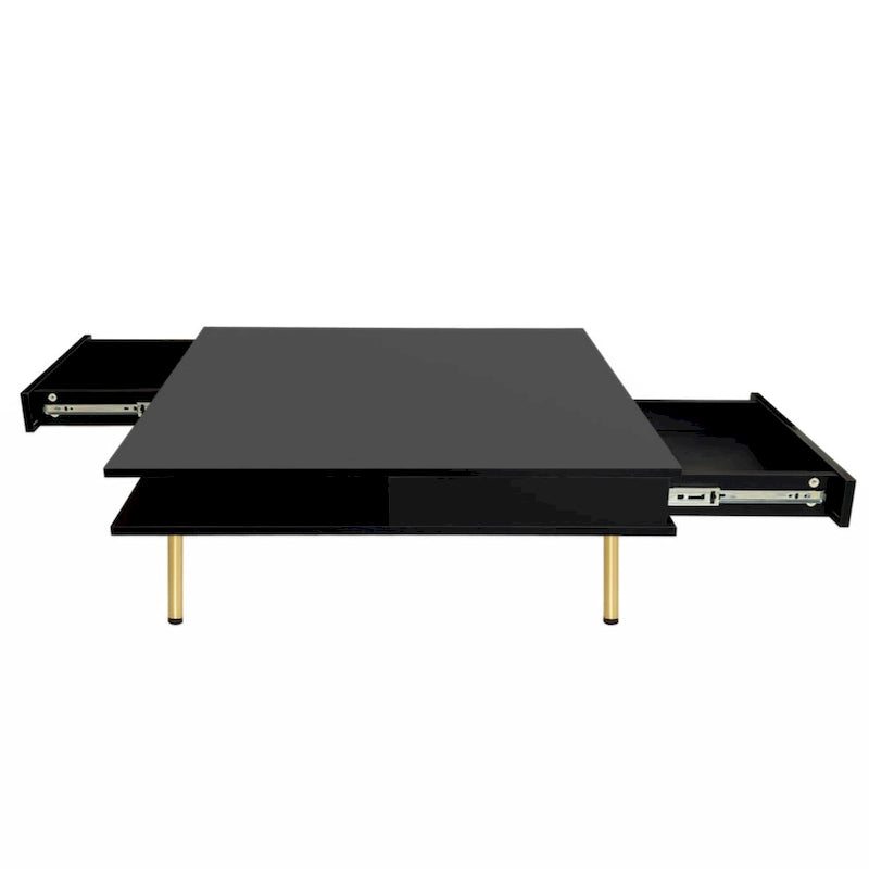 Exquisiter Hochglanz-Couchtisch mit 4 goldenen Beinen und 2 kleinen Schubladen, 2-stöckiger quadratischer Beistelltisch für das Wohnzimmer
