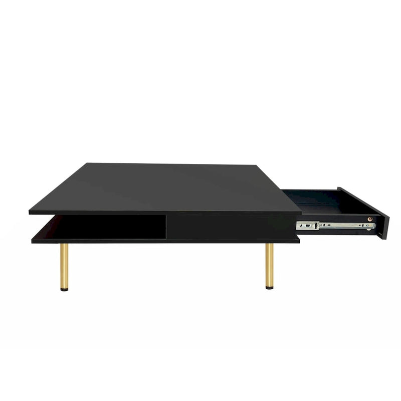 Exquisiter Hochglanz-Couchtisch mit 4 goldenen Beinen und 2 kleinen Schubladen, 2-stöckiger quadratischer Beistelltisch für das Wohnzimmer