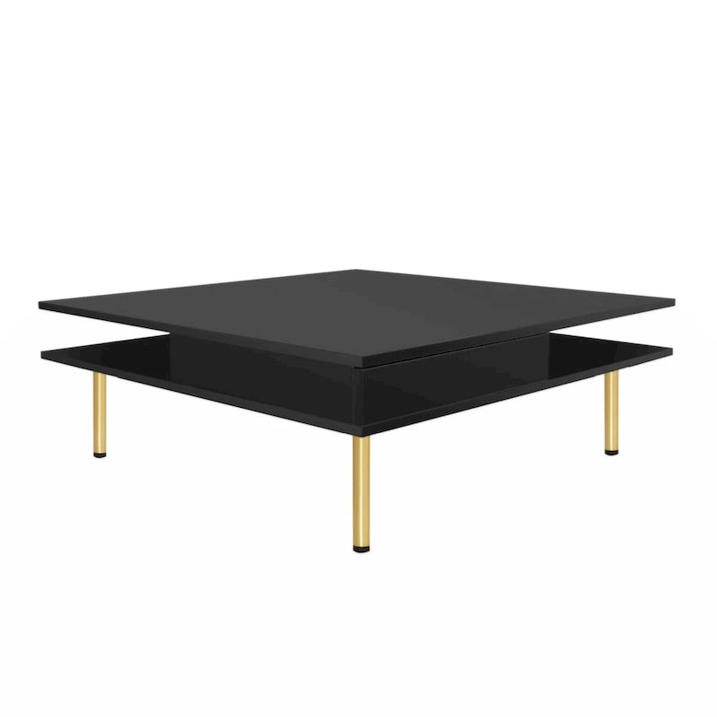 Exquisiter Hochglanz-Couchtisch mit 4 goldenen Beinen und 2 kleinen Schubladen, 2-stöckiger quadratischer Beistelltisch für das Wohnzimmer