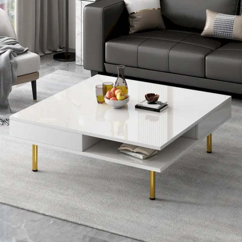 Exquisiter Hochglanz-Couchtisch mit 4 goldenen Beinen und 2 kleinen Schubladen, 2-stöckiger quadratischer Beistelltisch für das Wohnzimmer