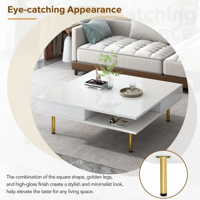 Exquisiter Hochglanz-Couchtisch mit 4 goldenen Beinen und 2 kleinen Schubladen, 2-stöckiger quadratischer Beistelltisch für das Wohnzimmer
