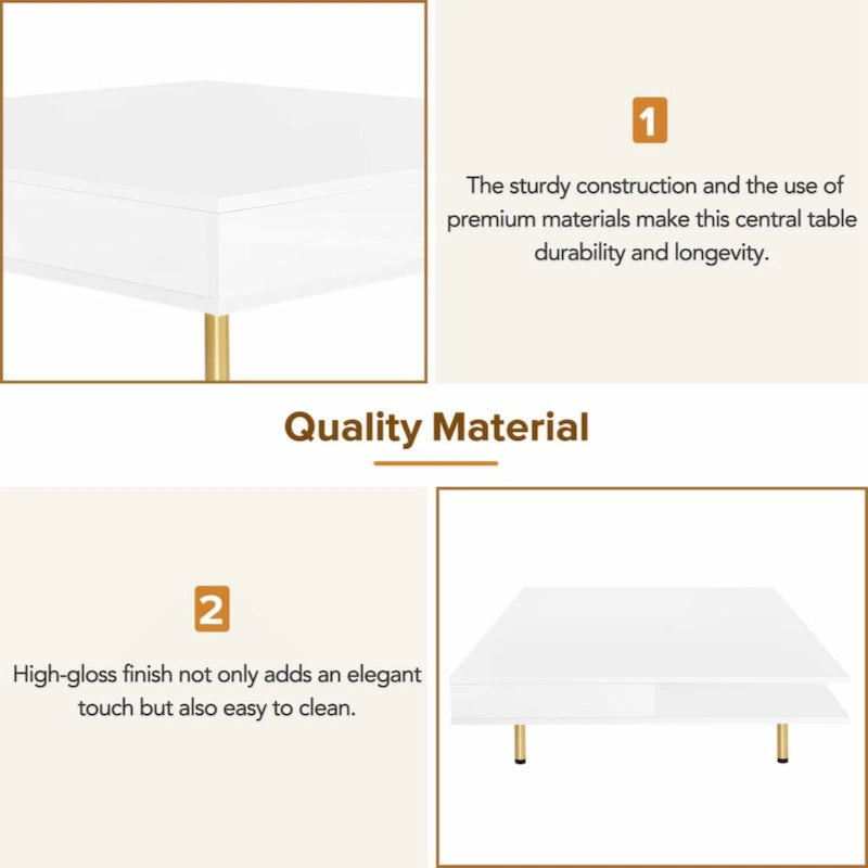 Exquisiter Hochglanz-Couchtisch mit 4 goldenen Beinen und 2 kleinen Schubladen, 2-stöckiger quadratischer Beistelltisch für das Wohnzimmer