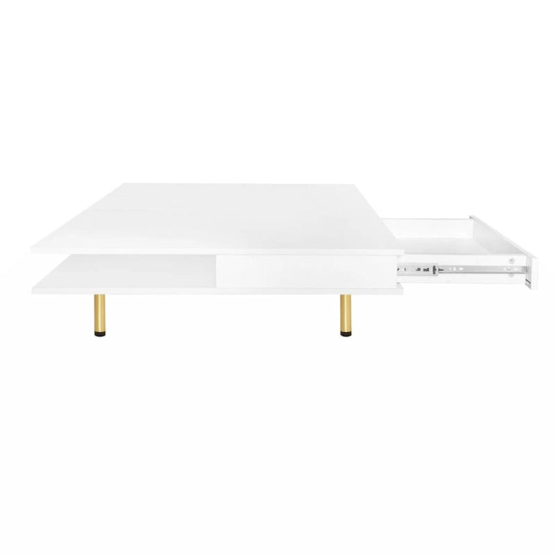 Exquisiter Hochglanz-Couchtisch mit 4 goldenen Beinen und 2 kleinen Schubladen, 2-stöckiger quadratischer Beistelltisch für das Wohnzimmer
