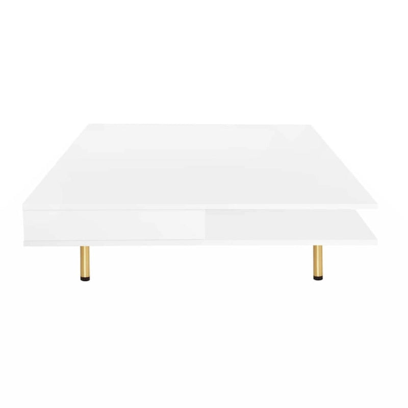 Exquisiter Hochglanz-Couchtisch mit 4 goldenen Beinen und 2 kleinen Schubladen, 2-stöckiger quadratischer Beistelltisch für das Wohnzimmer