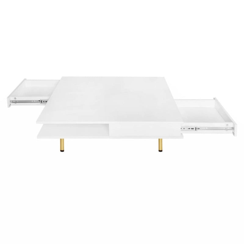 Exquisiter Hochglanz-Couchtisch mit 4 goldenen Beinen und 2 kleinen Schubladen, 2-stöckiger quadratischer Beistelltisch für das Wohnzimmer
