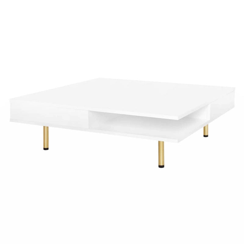 Exquisiter Hochglanz-Couchtisch mit 4 goldenen Beinen und 2 kleinen Schubladen, 2-stöckiger quadratischer Beistelltisch für das Wohnzimmer