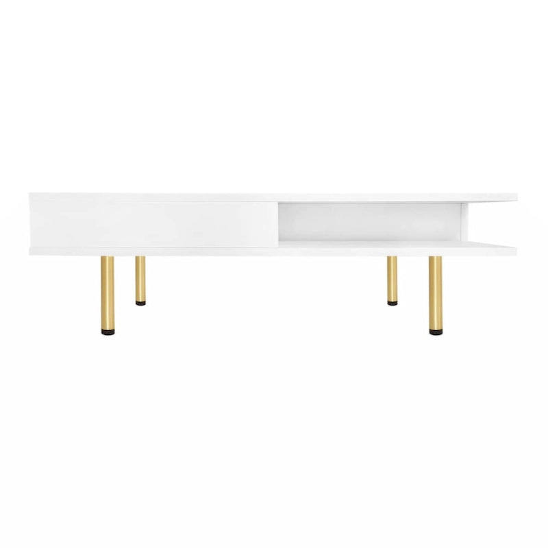 Exquisiter Hochglanz-Couchtisch mit 4 goldenen Beinen und 2 kleinen Schubladen, 2-stöckiger quadratischer Beistelltisch für das Wohnzimmer