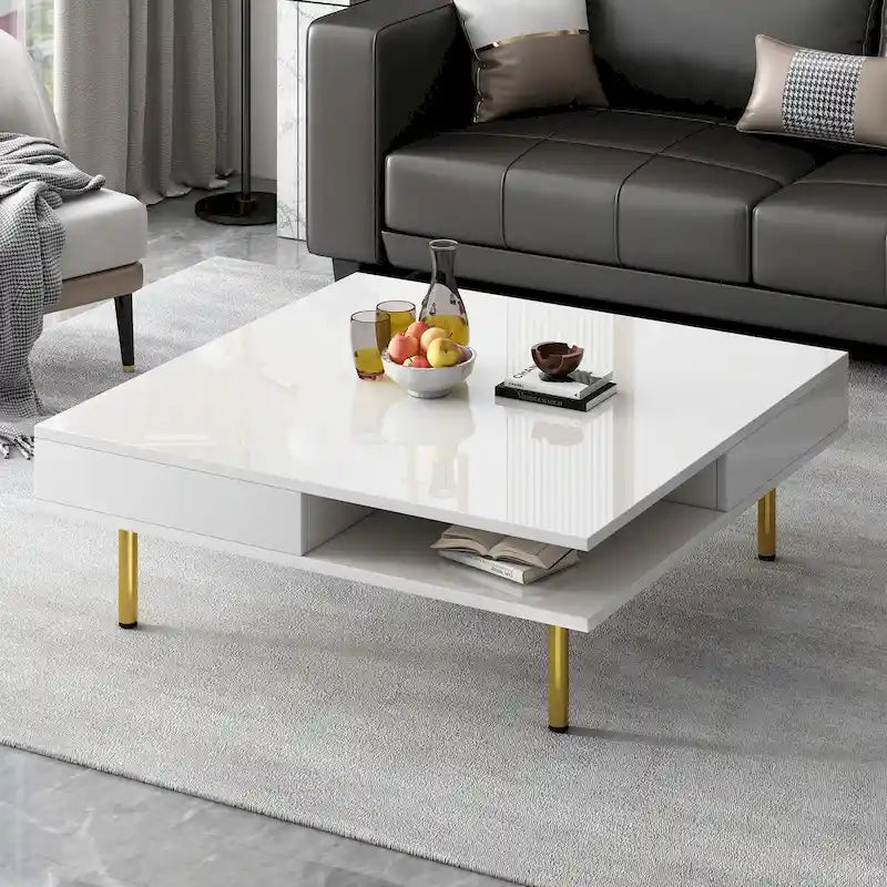 Hochglanz-Couchtisch: 4 goldene Beine, 2 Schubladen, 2-stöckiges quadratisches Design