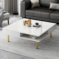 Hochglanz-Couchtisch: 4 goldene Beine, 2 Schubladen, 2-stöckiges quadratisches Design