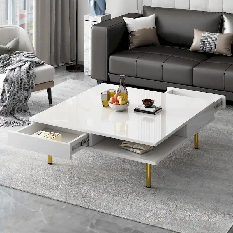 Hochglanz-Couchtisch: 4 goldene Beine, 2 Schubladen, 2-stöckiges quadratisches Design