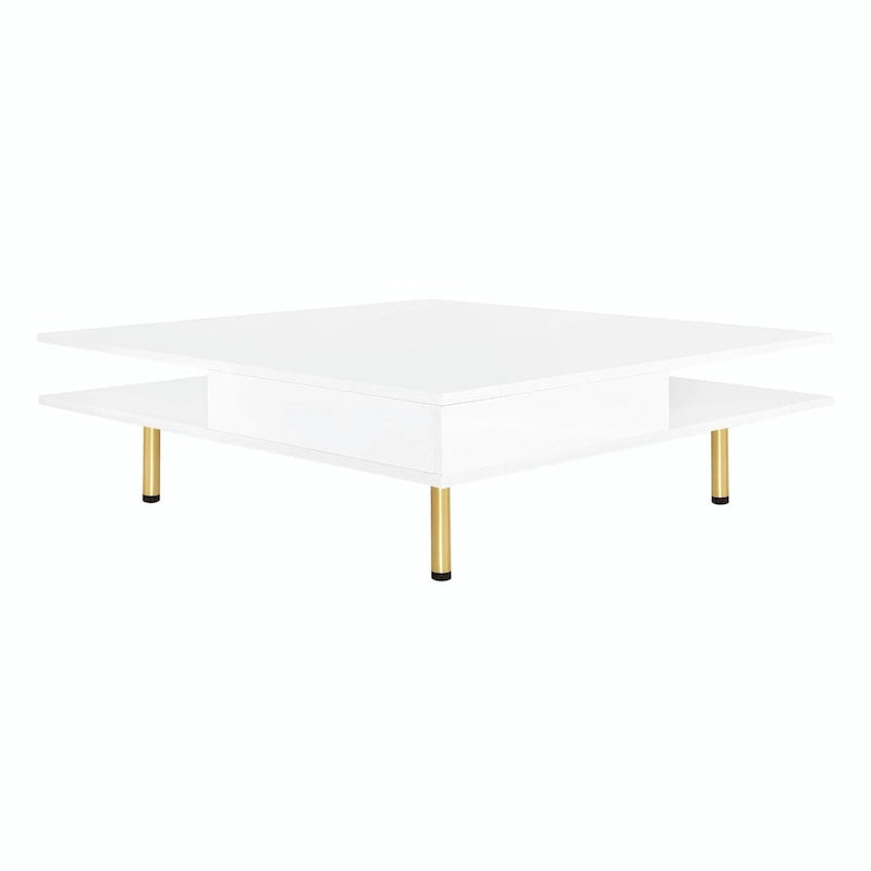 Hochglanz-Couchtisch: 4 goldene Beine, 2 Schubladen, 2-stöckiges quadratisches Design
