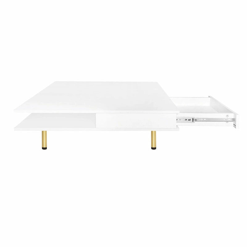 Hochglanz-Couchtisch: 4 goldene Beine, 2 Schubladen, 2-stöckiges quadratisches Design