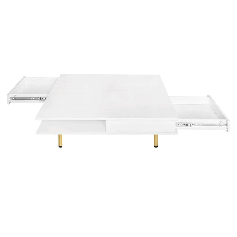 Hochglanz-Couchtisch: 4 goldene Beine, 2 Schubladen, 2-stöckiges quadratisches Design