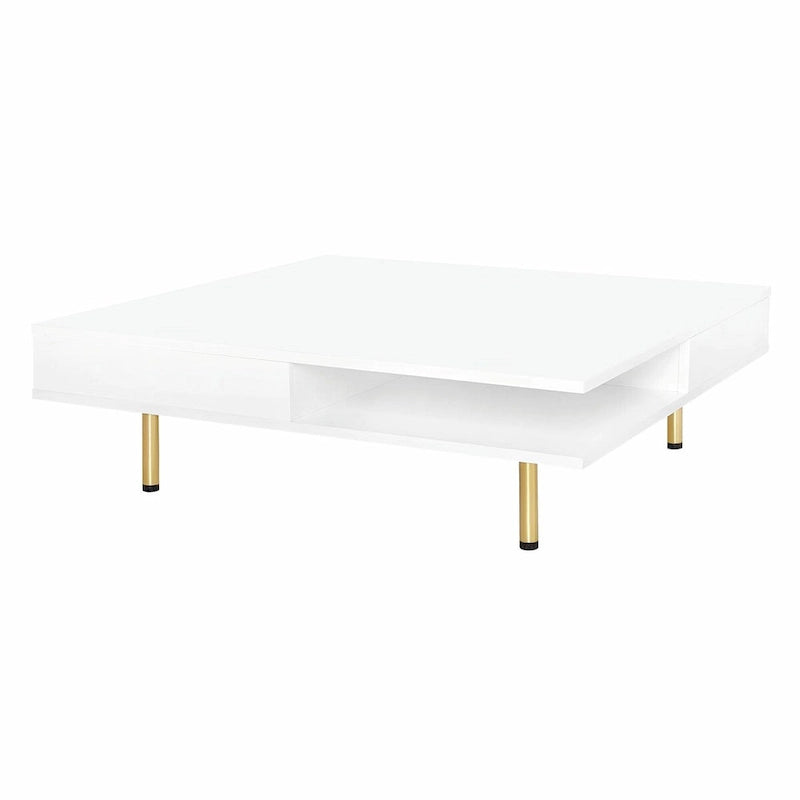 Hochglanz-Couchtisch: 4 goldene Beine, 2 Schubladen, 2-stöckiges quadratisches Design