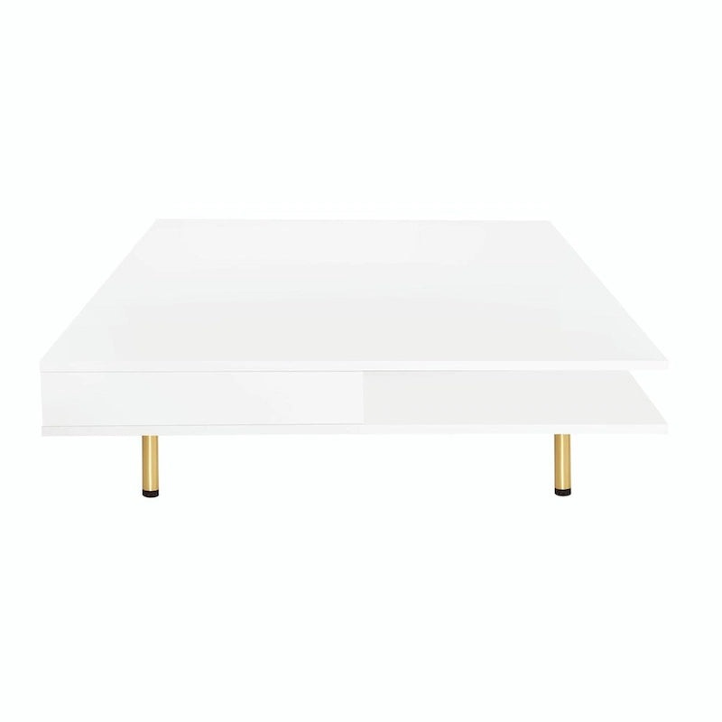 Hochglanz-Couchtisch: 4 goldene Beine, 2 Schubladen, 2-stöckiges quadratisches Design