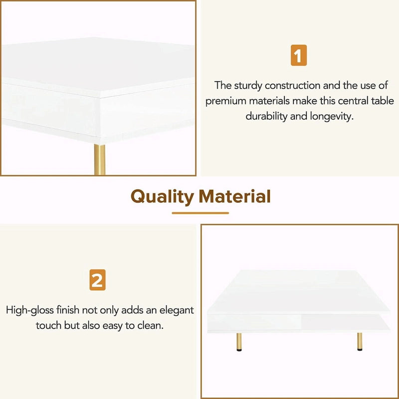 Hochglanz-Couchtisch: 4 goldene Beine, 2 Schubladen, 2-stöckiges quadratisches Design