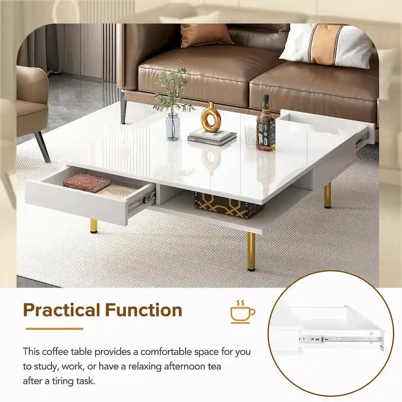 Hochglanz-Couchtisch: 4 goldene Beine, 2 Schubladen, 2-stöckiges quadratisches Design