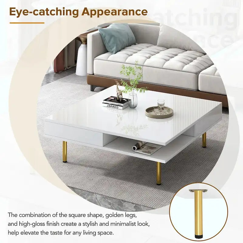 Hochglanz-Couchtisch: 4 goldene Beine, 2 Schubladen, 2-stöckiges quadratisches Design