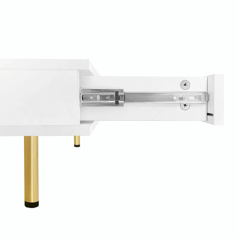 Hochglanz-Couchtisch: 4 goldene Beine, 2 Schubladen, 2-stöckiges quadratisches Design