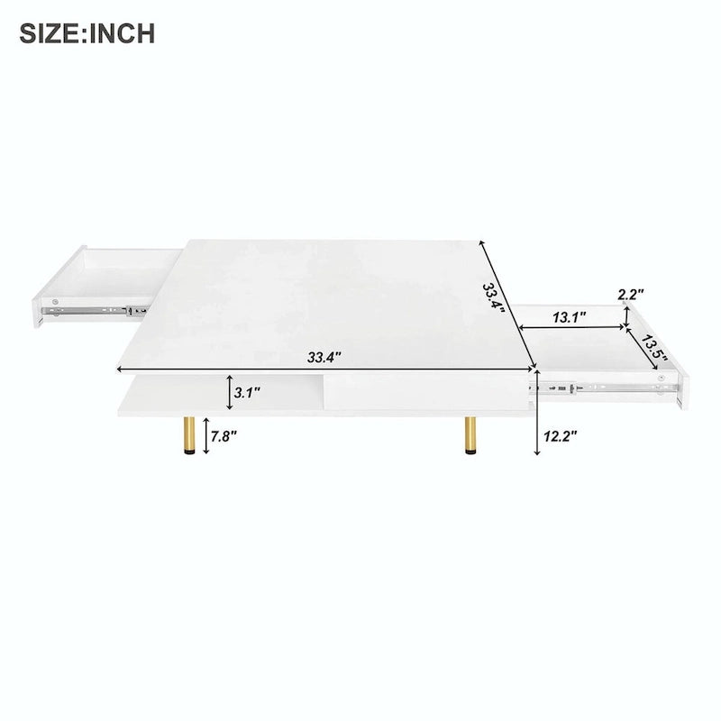 Hochglanz-Couchtisch: 4 goldene Beine, 2 Schubladen, 2-stöckiges quadratisches Design