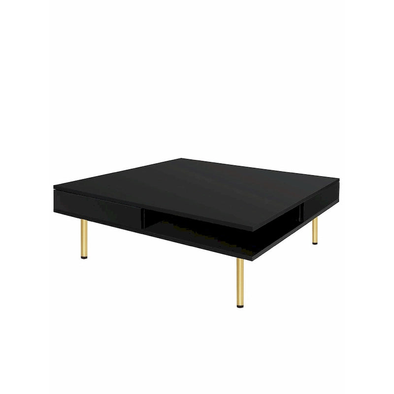 Hochglanz-Couchtisch: 4 goldene Beine, 2 Schubladen, 2-stöckiges quadratisches Design