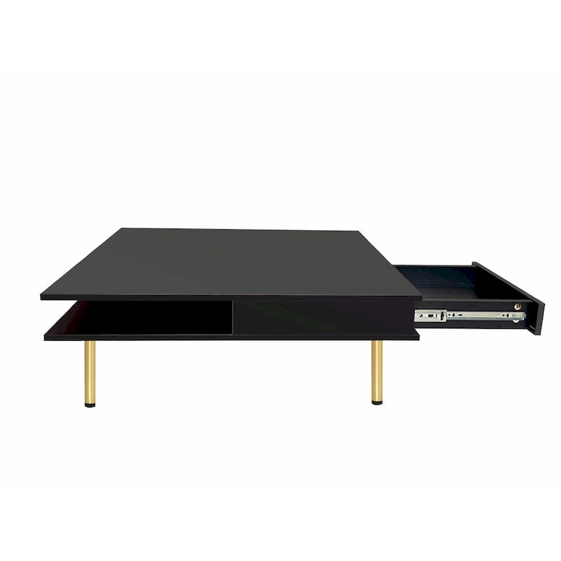 Hochglanz-Couchtisch: 4 goldene Beine, 2 Schubladen, 2-stöckiges quadratisches Design