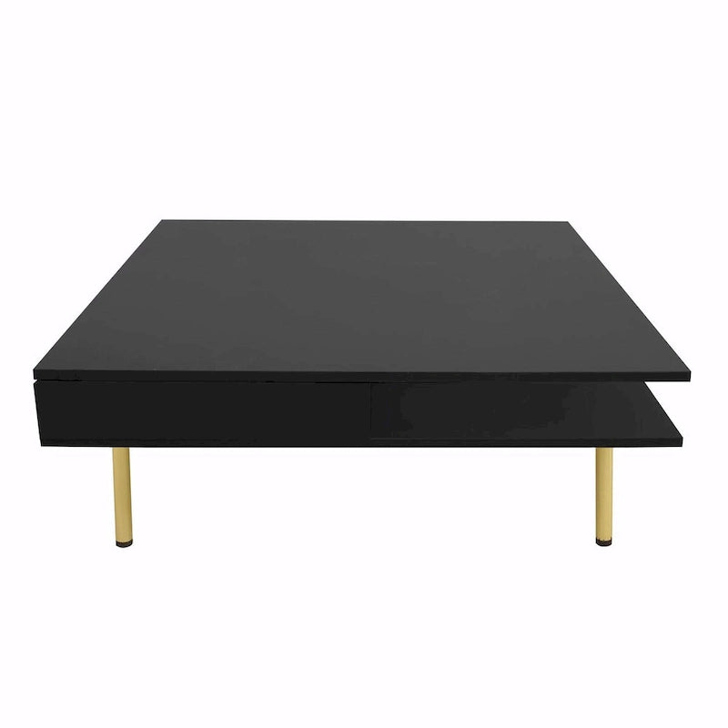 Hochglanz-Couchtisch: 4 goldene Beine, 2 Schubladen, 2-stöckiges quadratisches Design
