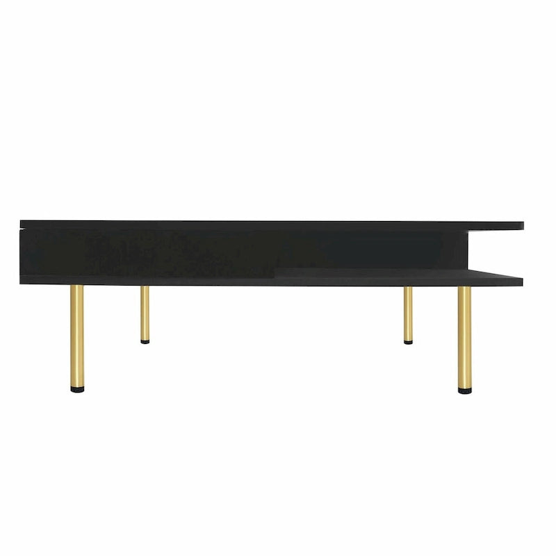 Hochglanz-Couchtisch: 4 goldene Beine, 2 Schubladen, 2-stöckiges quadratisches Design