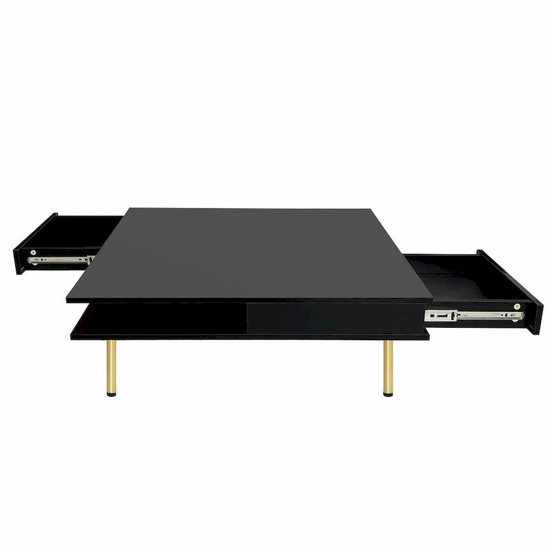 Hochglanz-Couchtisch: 4 goldene Beine, 2 Schubladen, 2-stöckiges quadratisches Design