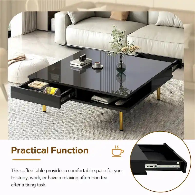 Hochglanz-Couchtisch: 4 goldene Beine, 2 Schubladen, 2-stöckiges quadratisches Design