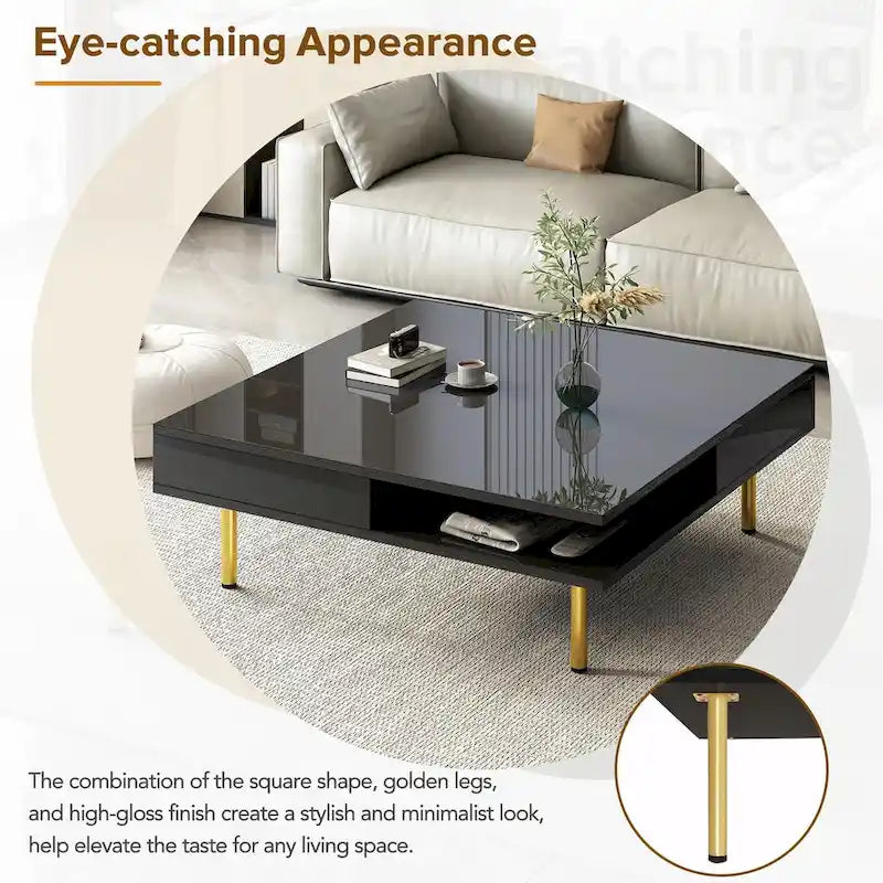 Hochglanz-Couchtisch: 4 goldene Beine, 2 Schubladen, 2-stöckiges quadratisches Design